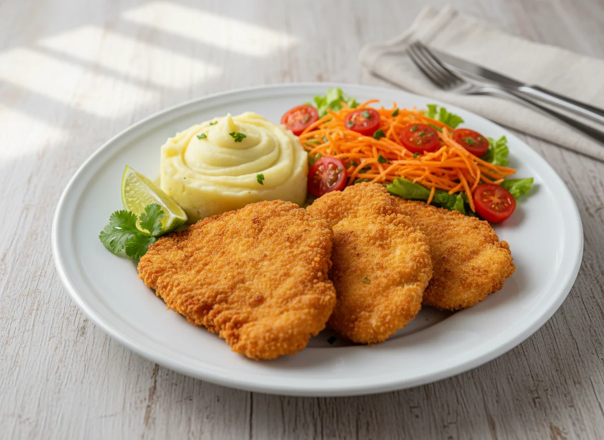 Frango empanado com purê de batata e salada photo