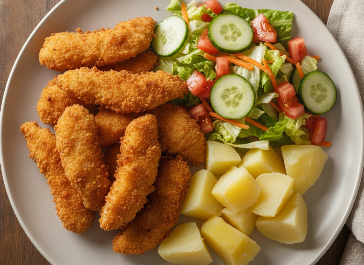 Frango empanado com salada e batata photo