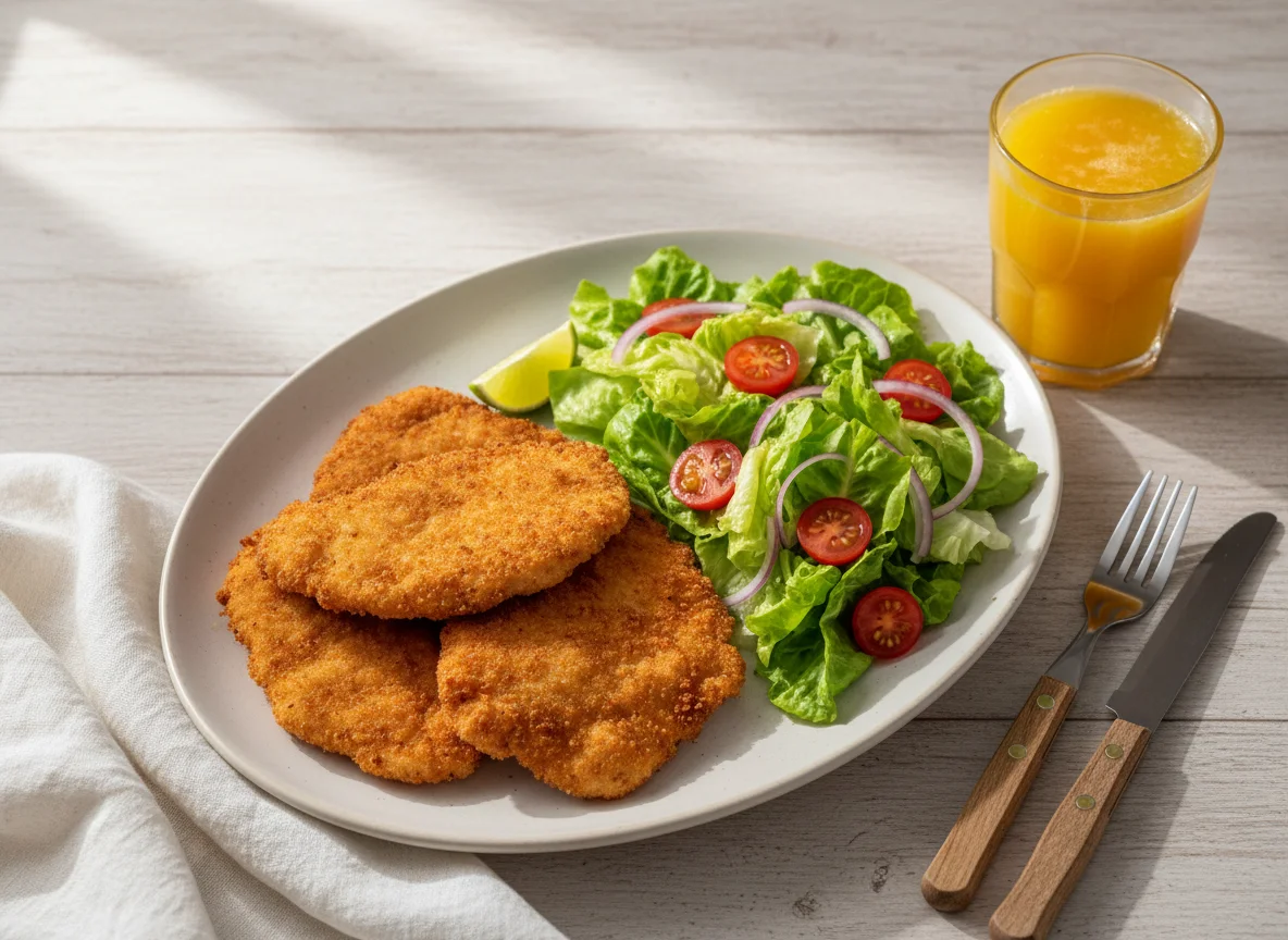 Frango empanado com salada e suco de laranja photo