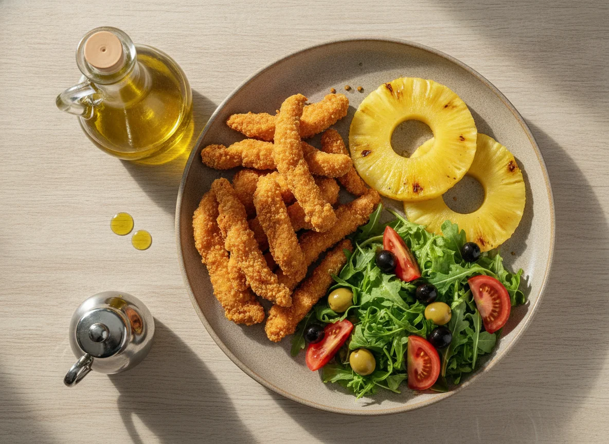 Frango empanado com salada mista e abacaxi grelhado photo