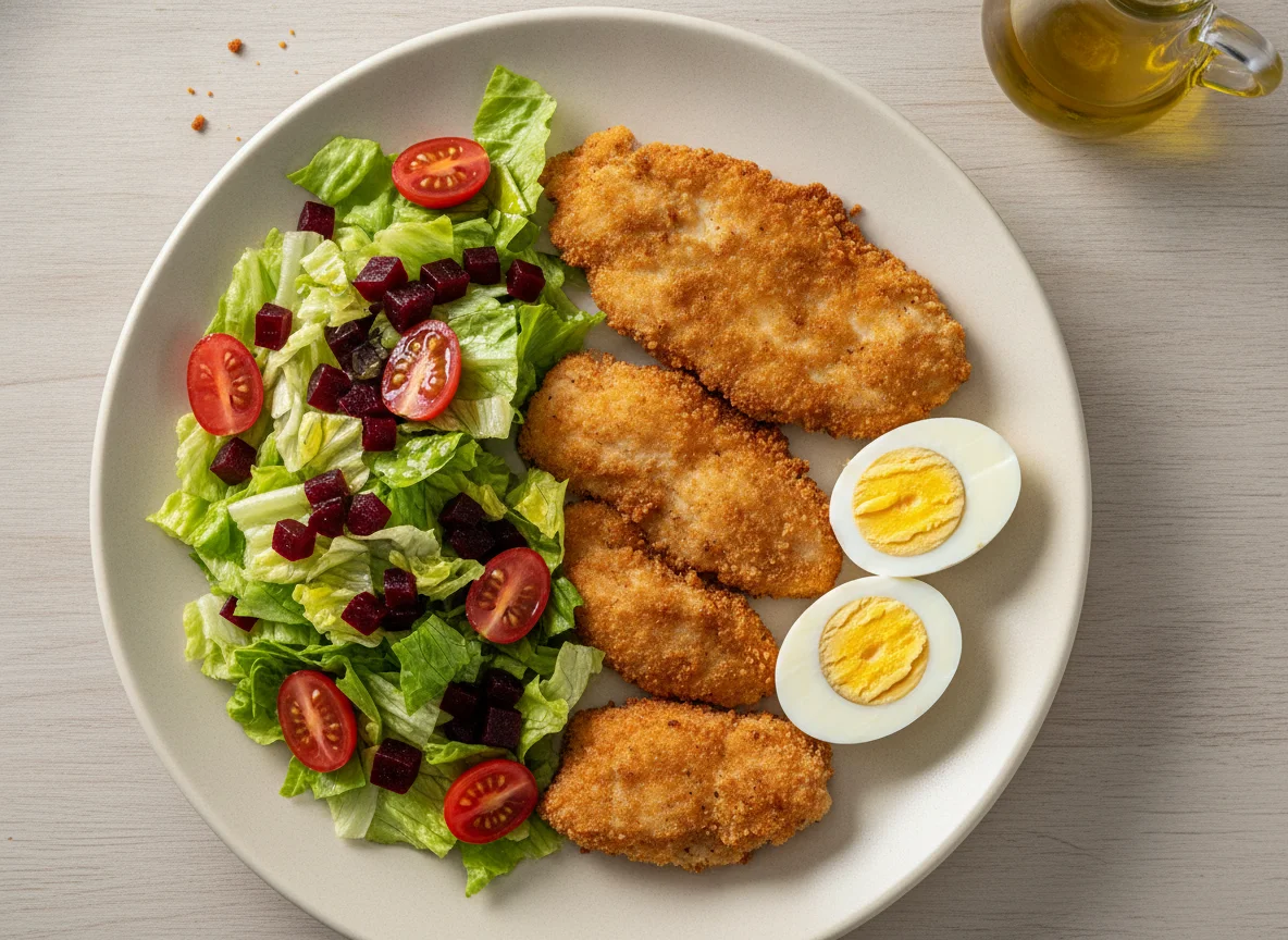 Frango empanado com salada mista e ovo cozido photo