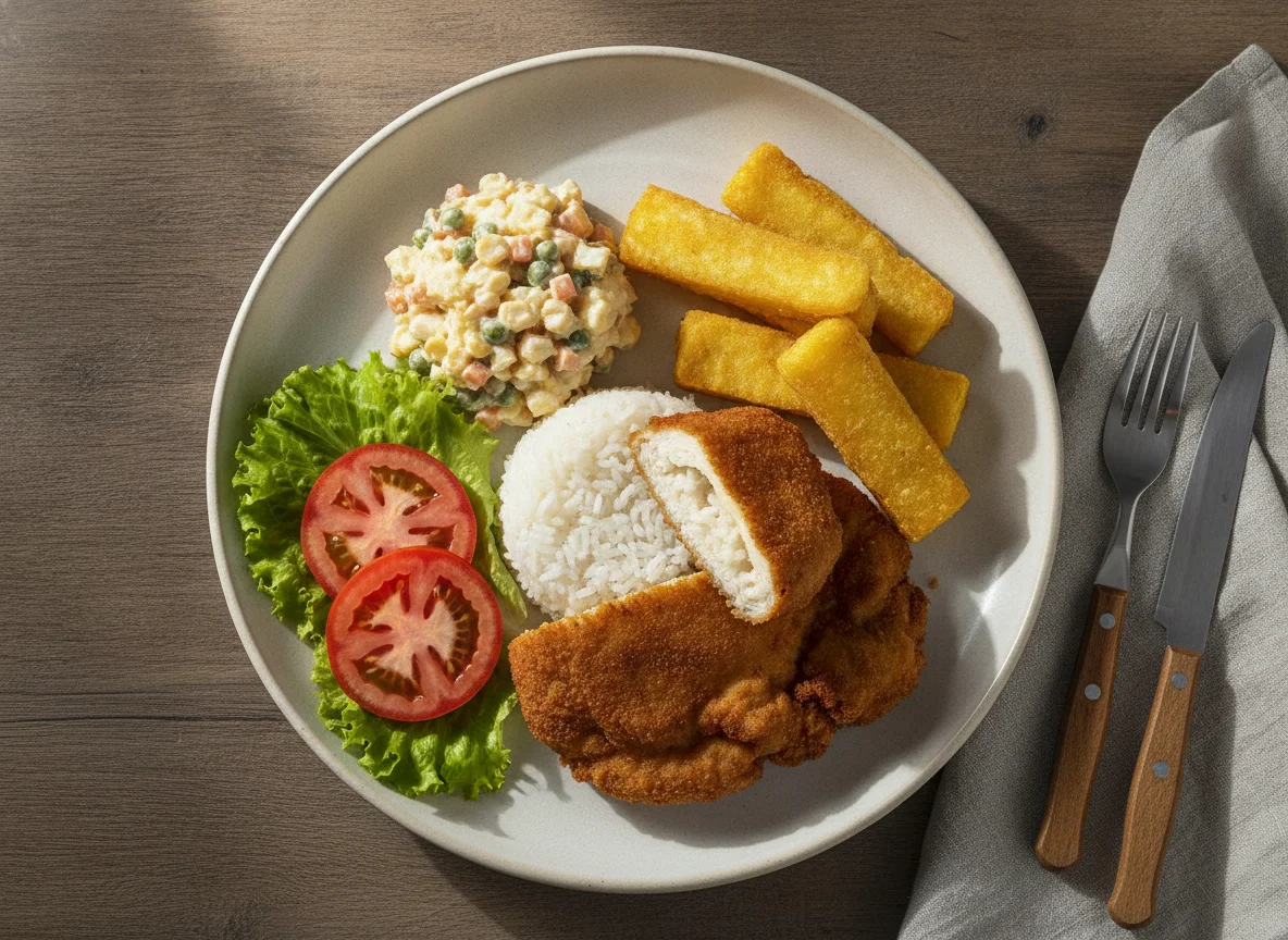 Frango empanado recheado com arroz, polenta frita e salada de maionese photo