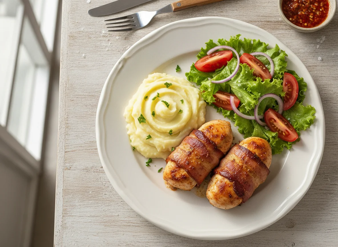 Frango enrolado com bacon, purê de batata e salada photo