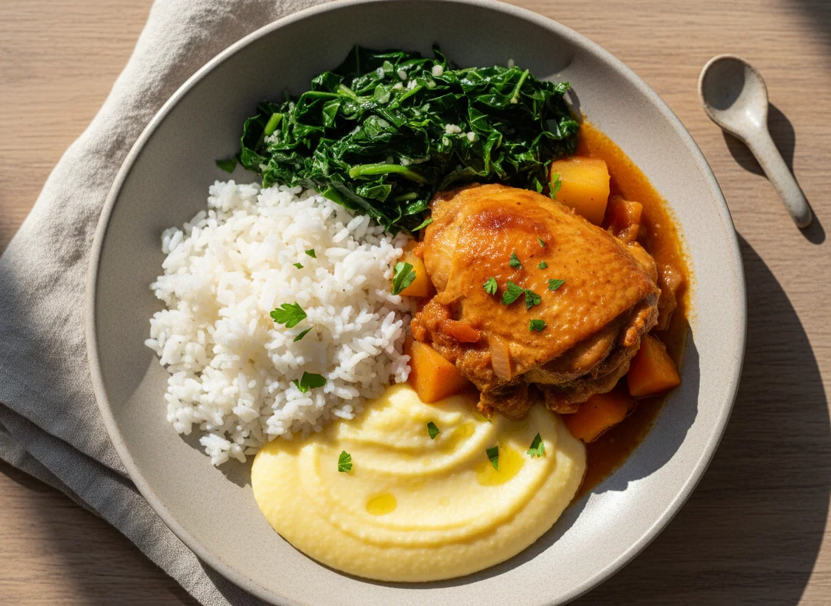 Frango ensopado com arroz, angu e couve refogada photo