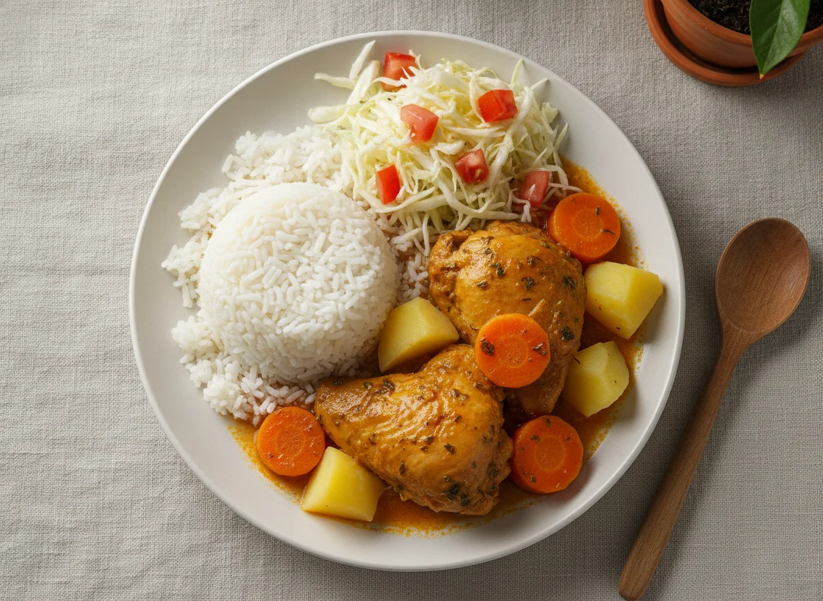 Frango ensopado com arroz, batata, cenoura e salada photo