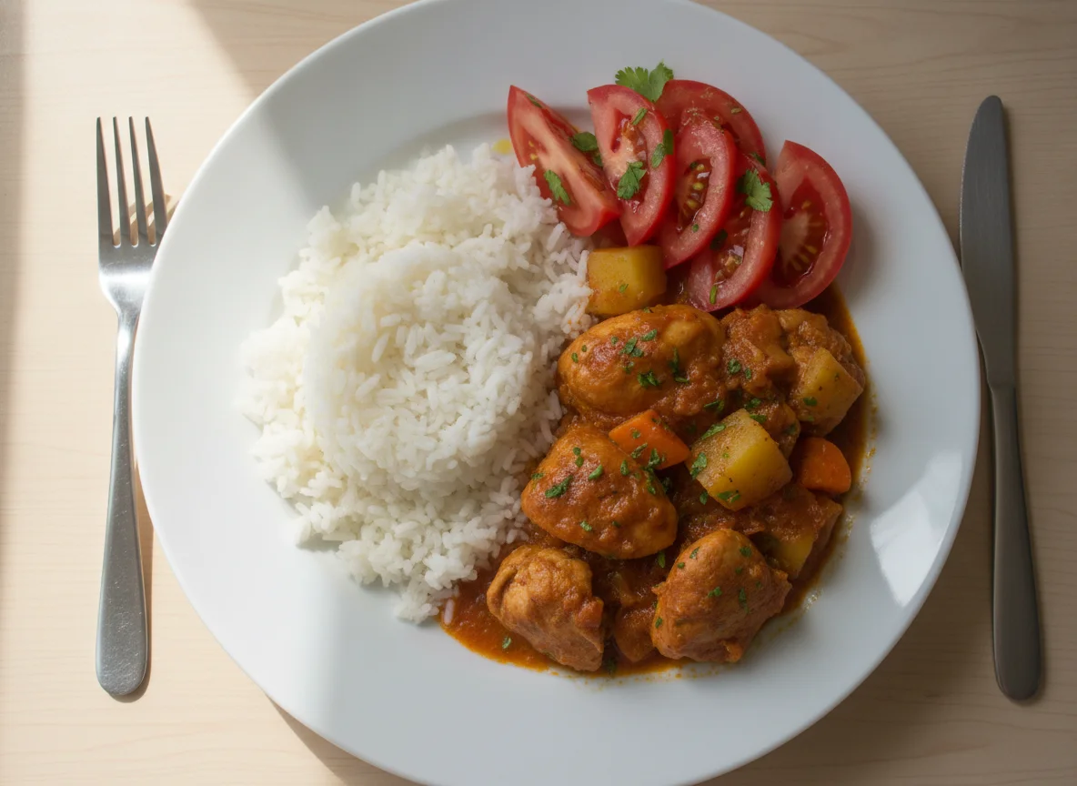 Frango ensopado com arroz, batata e salada de tomate photo