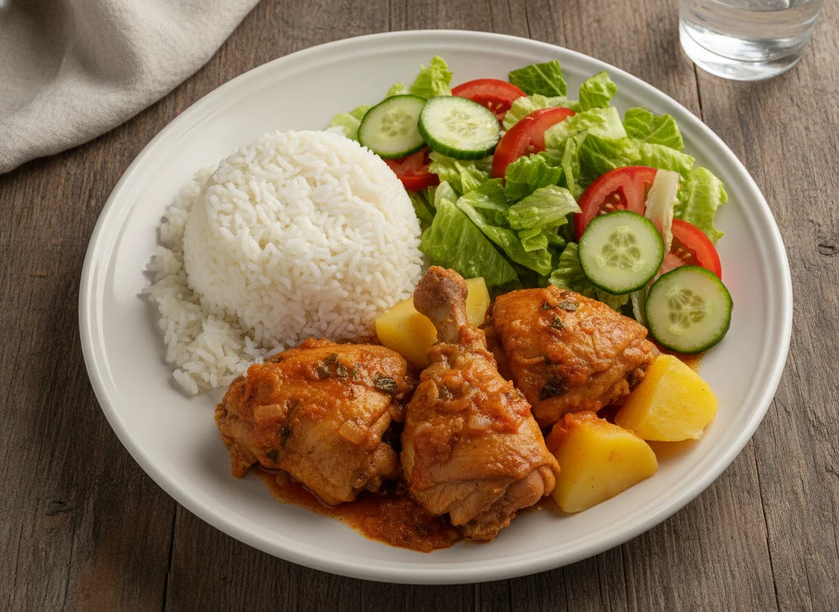 Frango ensopado com arroz, batatas e salada photo