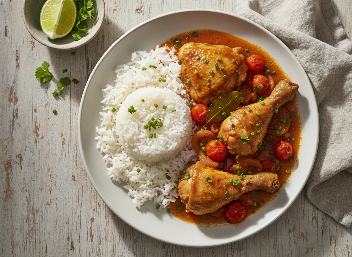 Frango ensopado com arroz branco photo