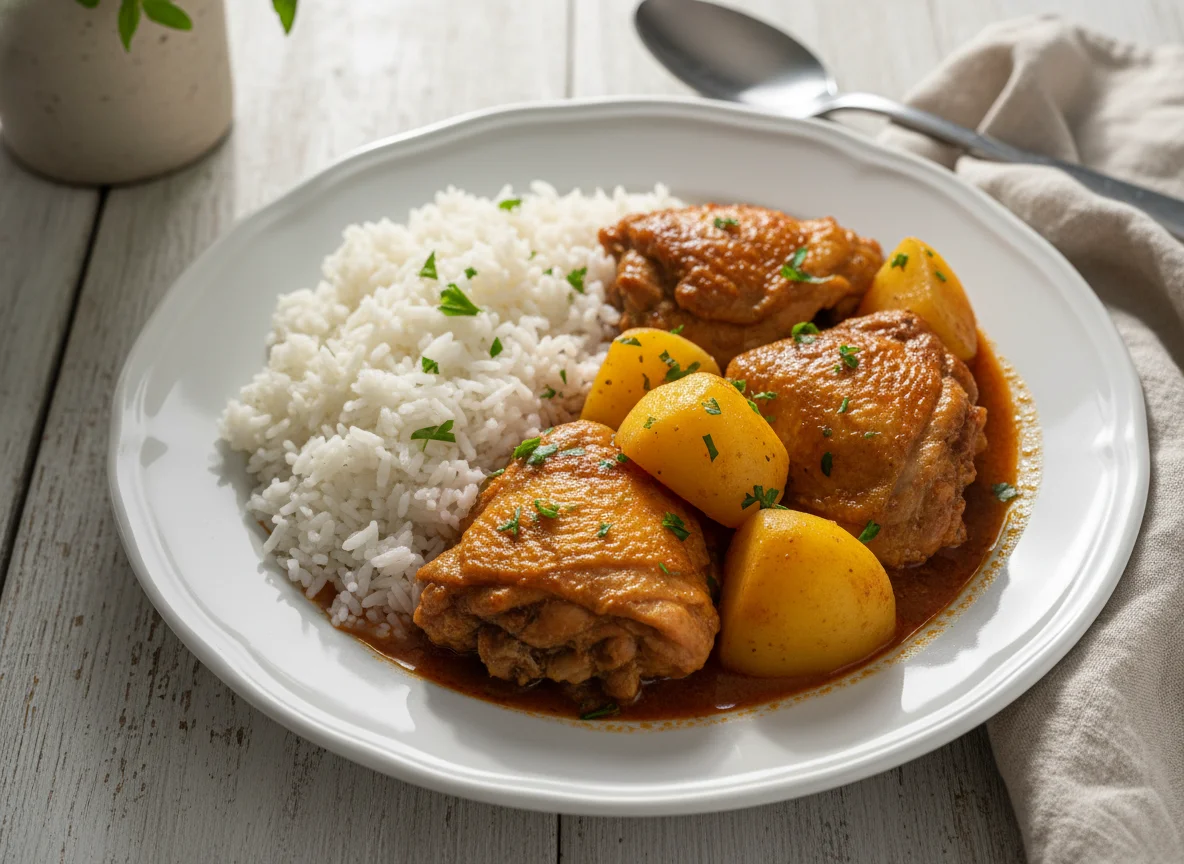 Frango ensopado com arroz e batata photo
