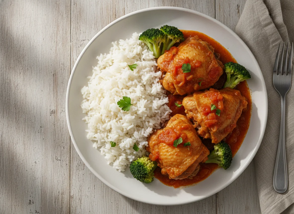 Frango ensopado com arroz e brócolis photo