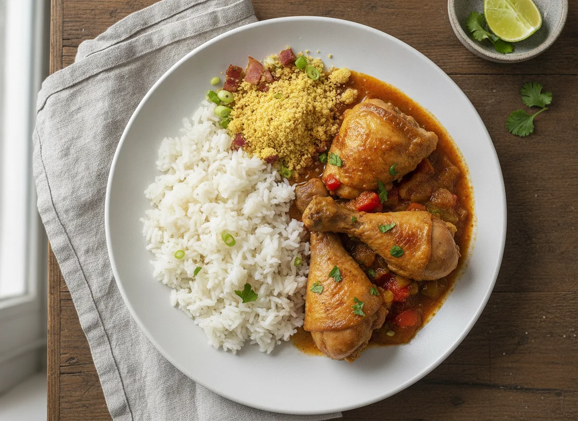 Frango ensopado com arroz e farofa photo