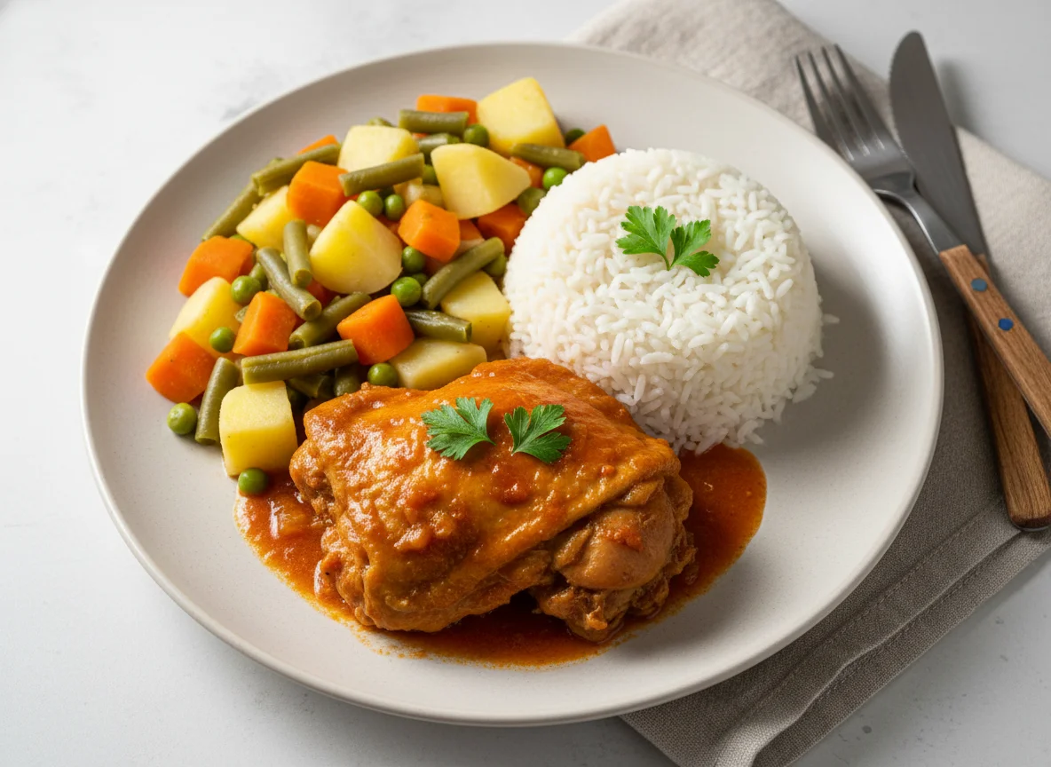 Frango ensopado com arroz e legumes photo