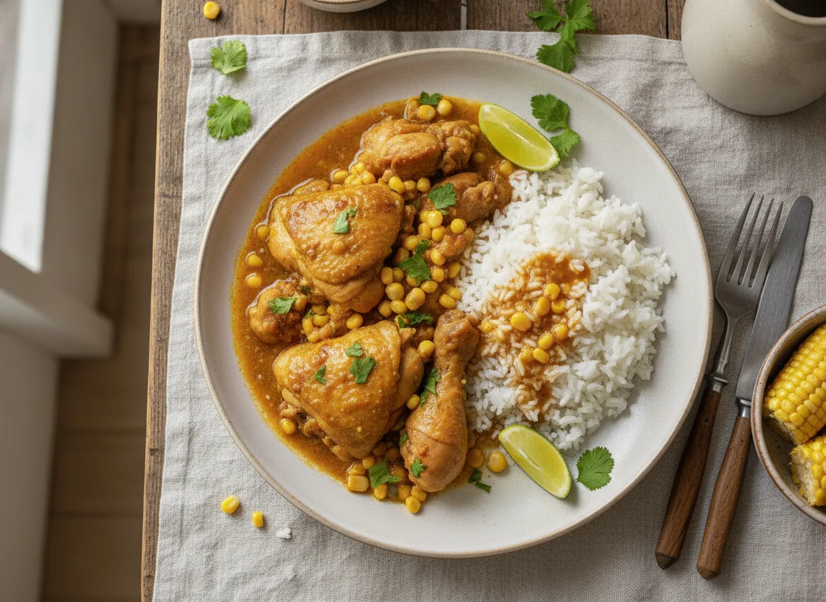 Frango ensopado com arroz e milho photo