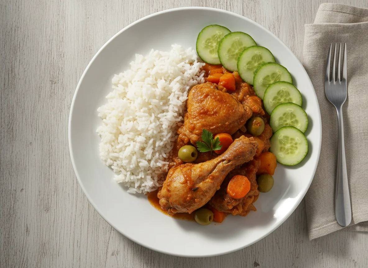 Frango ensopado com arroz e pepino photo