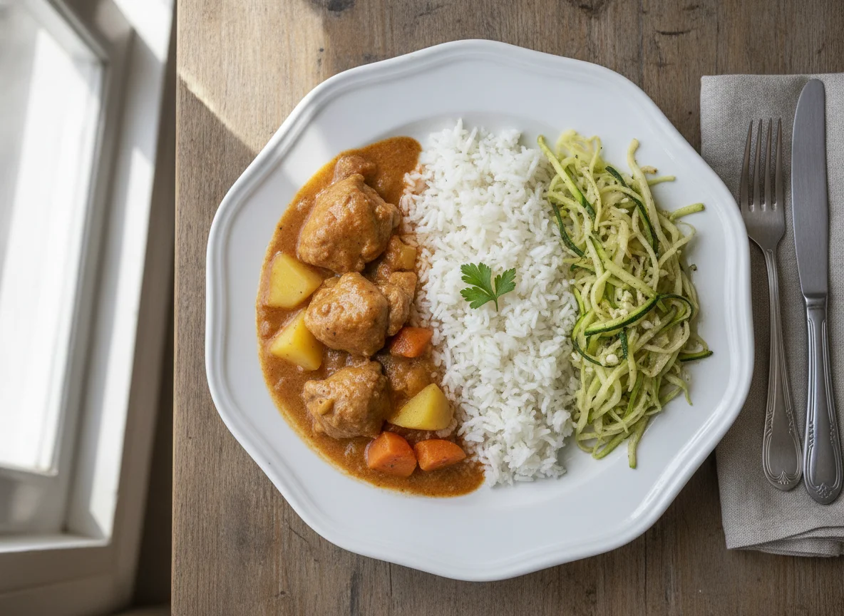Frango ensopado com arroz e refogado de repolho e abobrinha photo