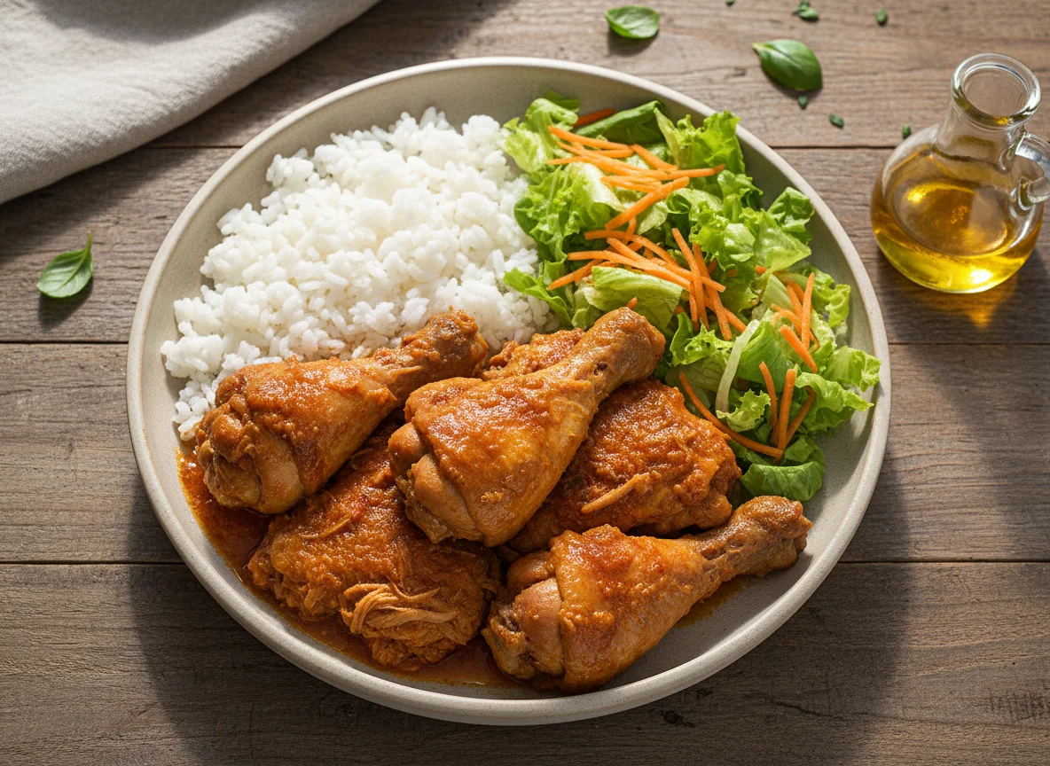 Frango ensopado com arroz e salada photo