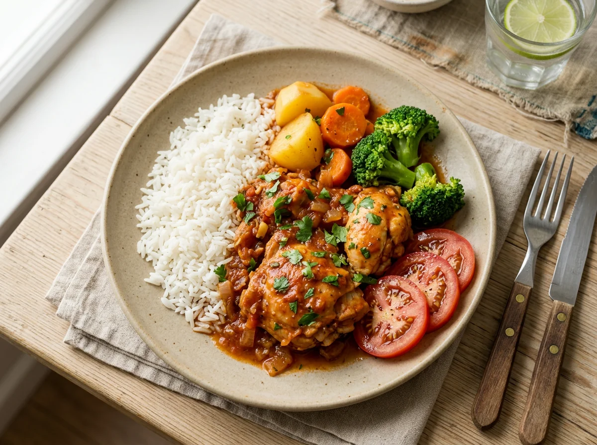 Frango ensopado com arroz e vegetais photo