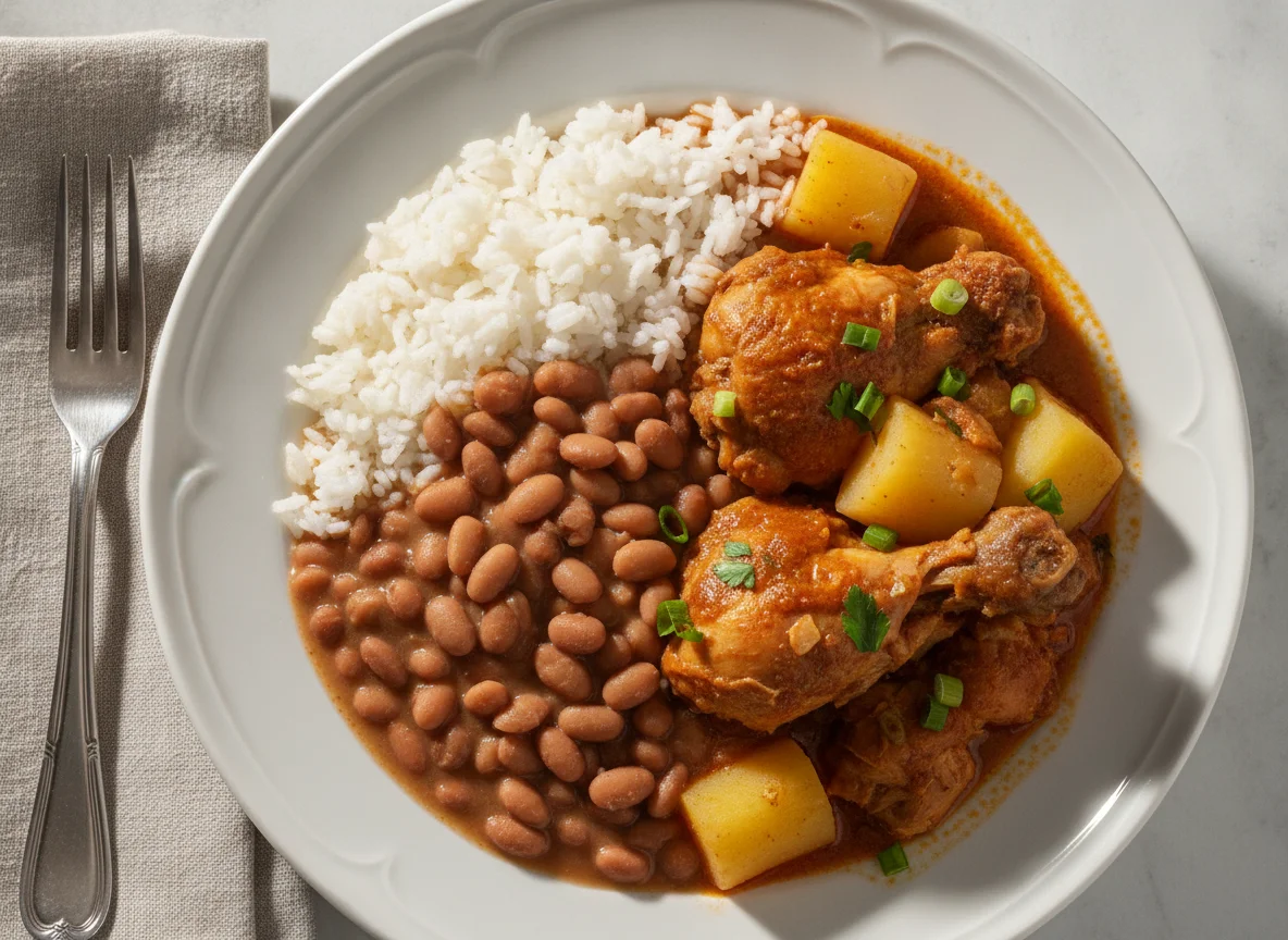 Frango ensopado com arroz, feijão, batata e mandioca photo