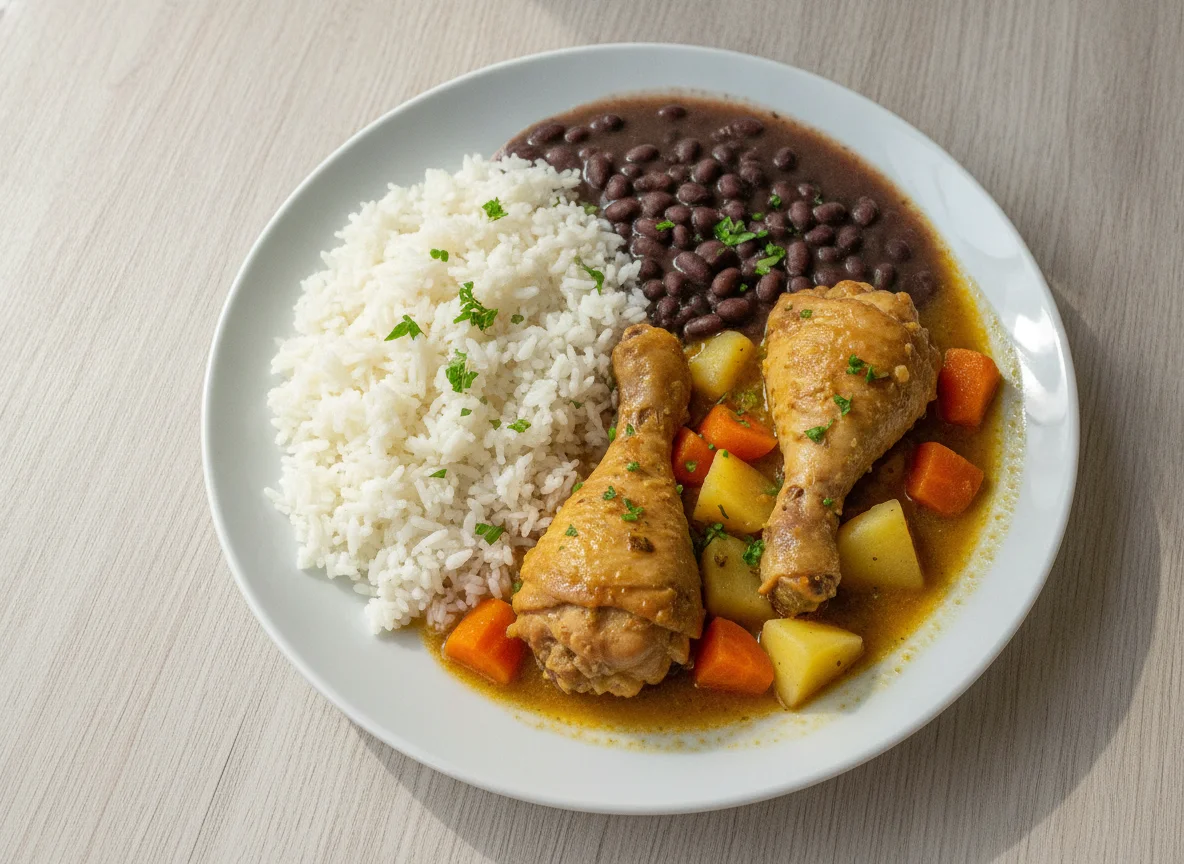 Frango ensopado com arroz, feijão, cenoura e batata photo
