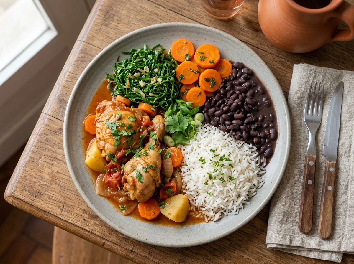Frango ensopado com arroz, feijão, couve e cenoura photo