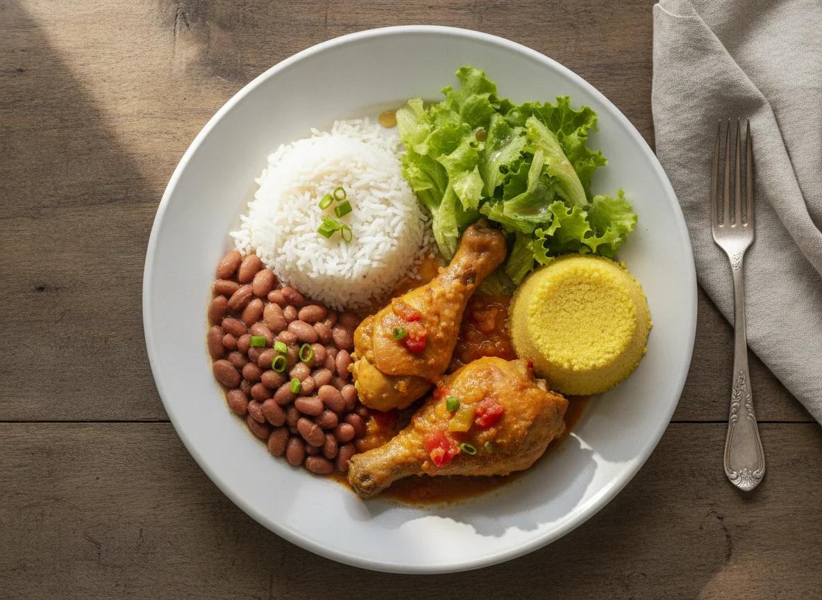 Frango ensopado com arroz, feijão, cuscuz e salada photo