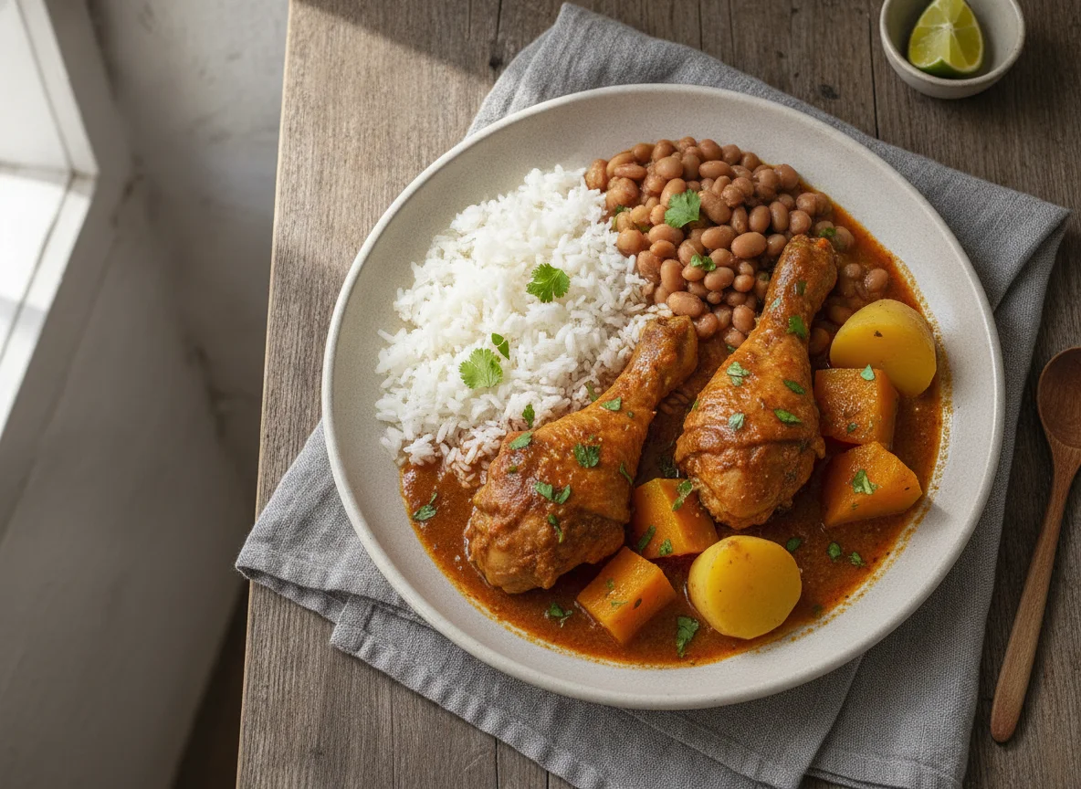 Frango ensopado com arroz, feijão e abóbora photo
