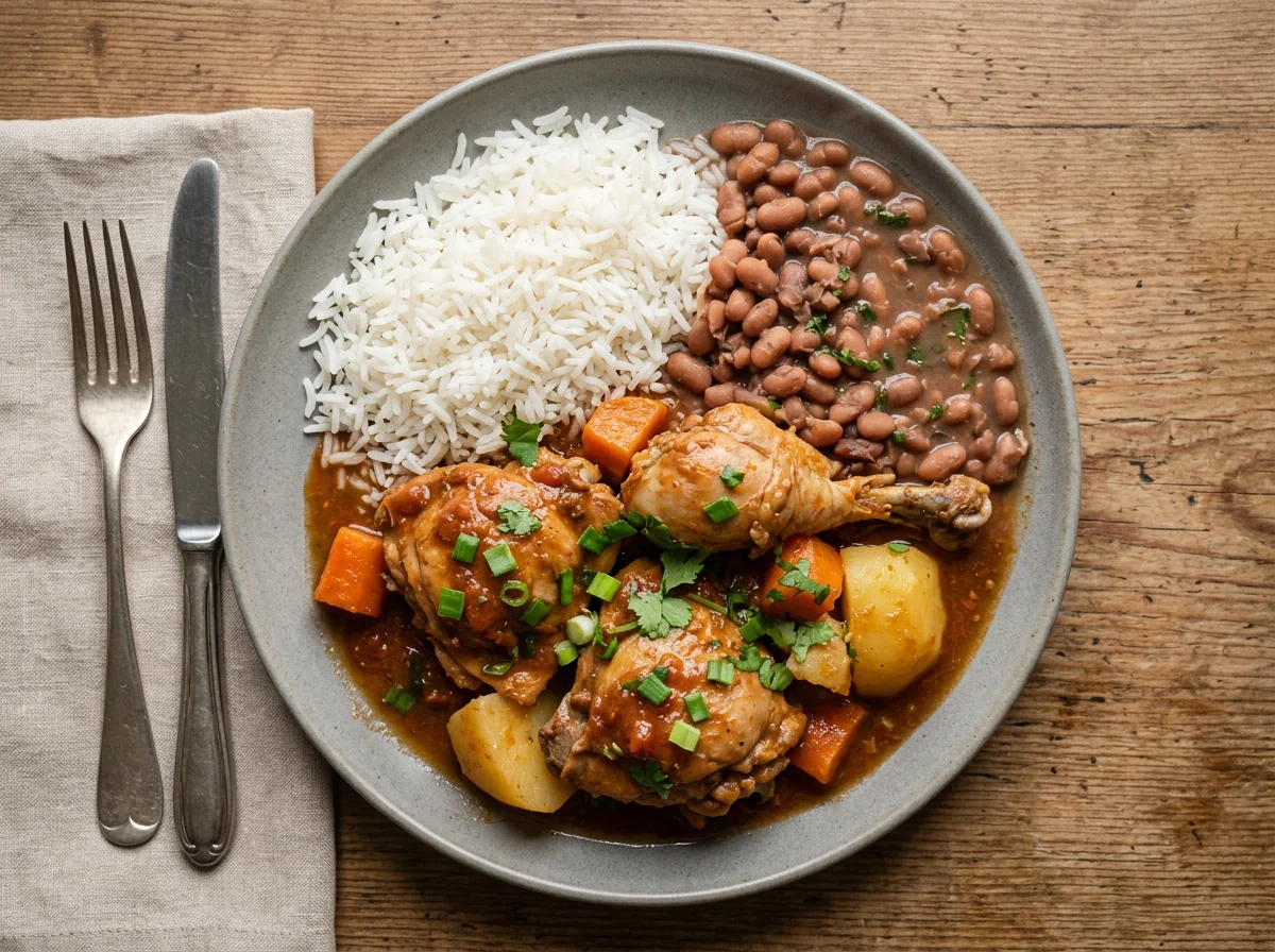 Frango ensopado com arroz, feijão e batata photo