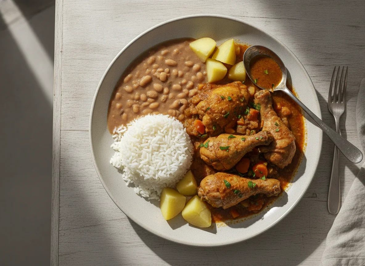 Frango ensopado com arroz, feijão e batatas photo
