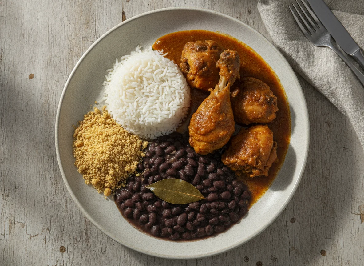 Frango ensopado com arroz, feijão e farofa photo