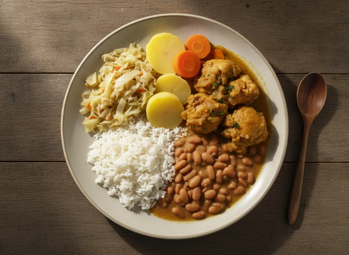 Frango ensopado com arroz, feijão e legumes photo