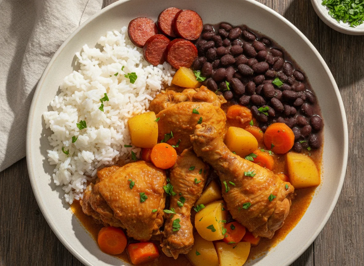 Frango ensopado com arroz, feijão e linguiça photo