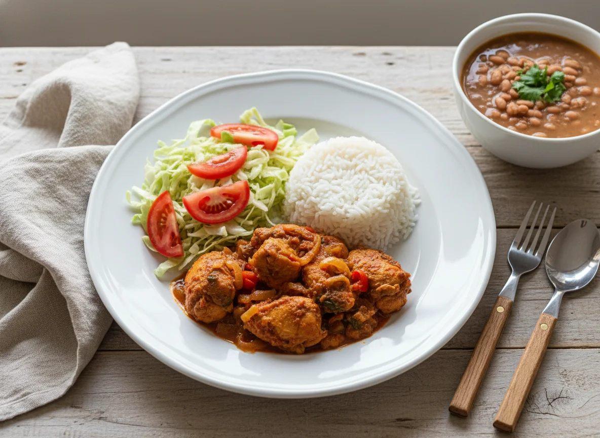 Frango ensopado com arroz, feijão e salada photo