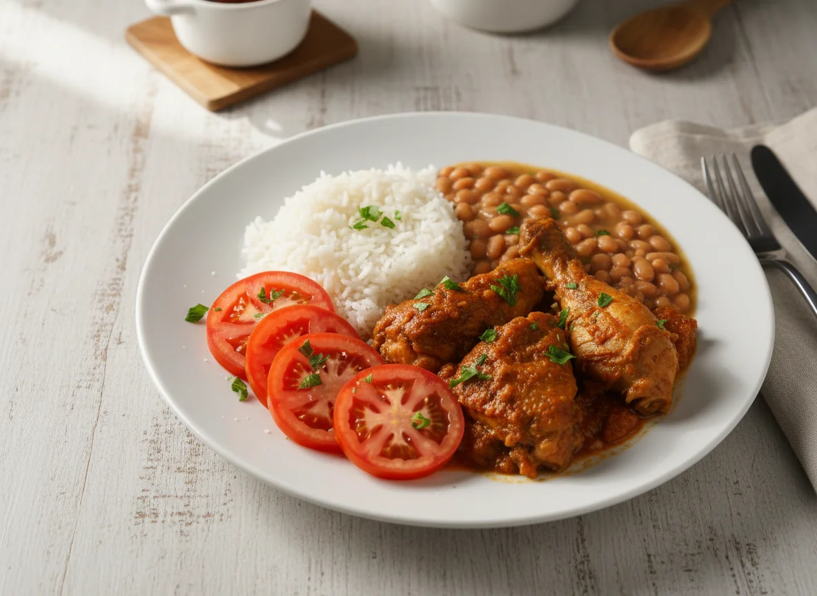 Frango ensopado com arroz, feijão e tomate photo