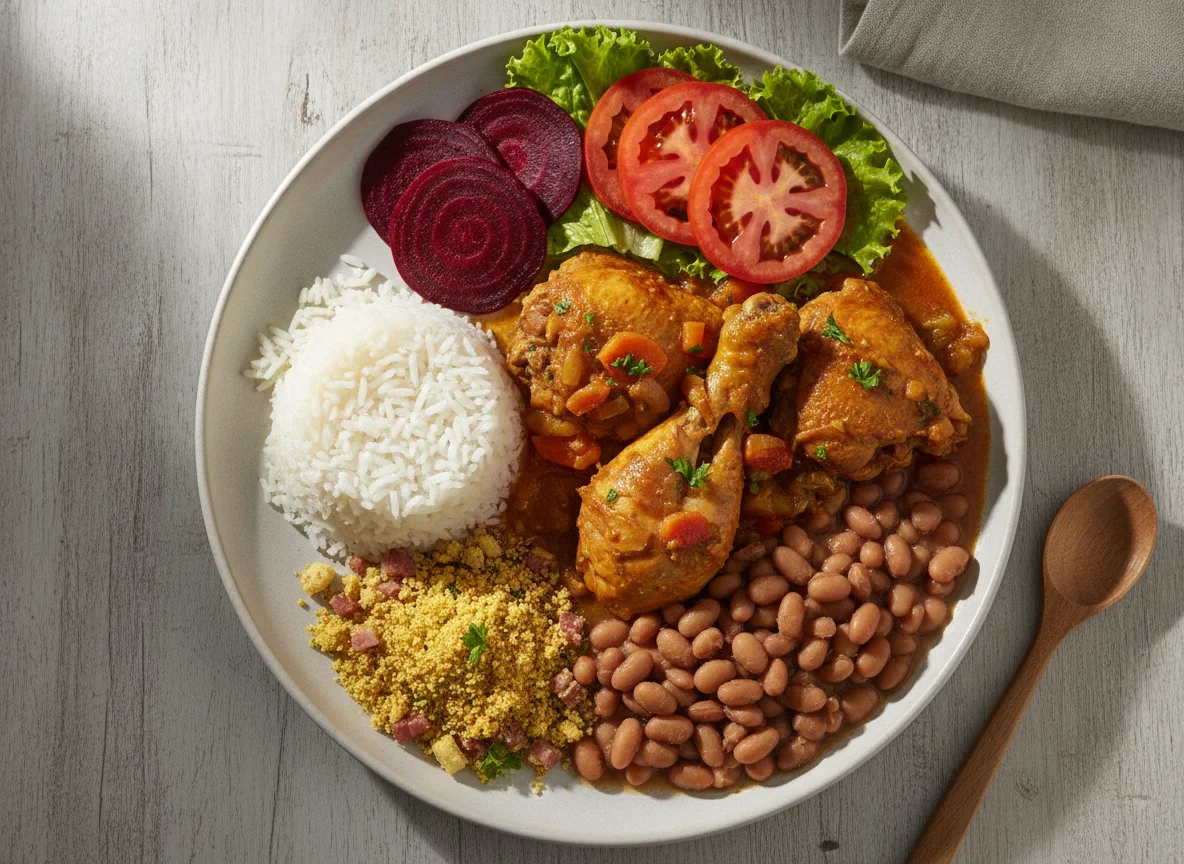 Frango ensopado com arroz, feijão, farofa e salada photo