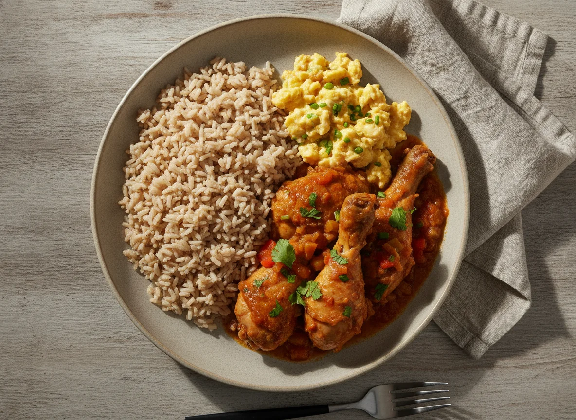 Frango ensopado com arroz integral photo