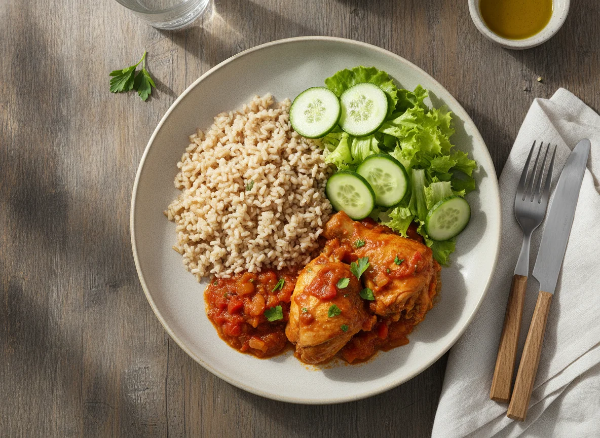 Frango ensopado com arroz integral e salada photo