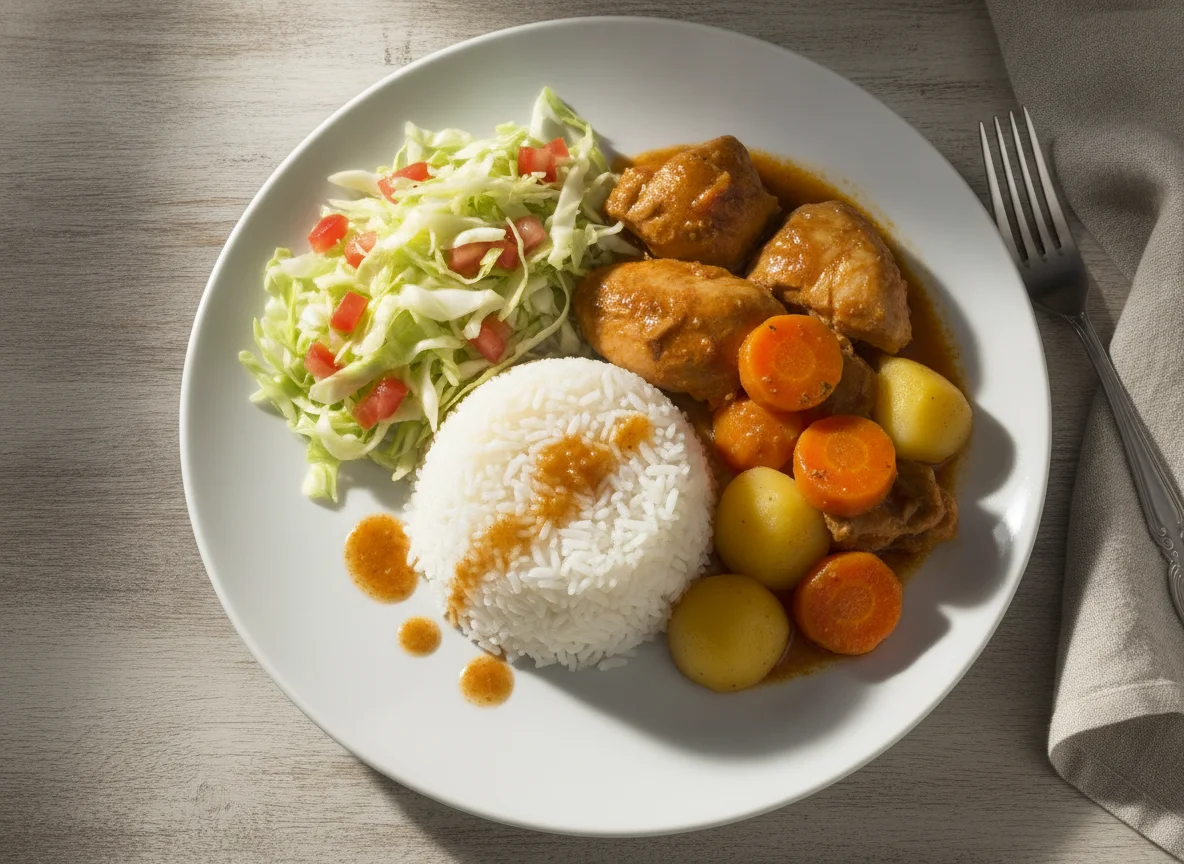 Frango ensopado com arroz, legumes e salada photo