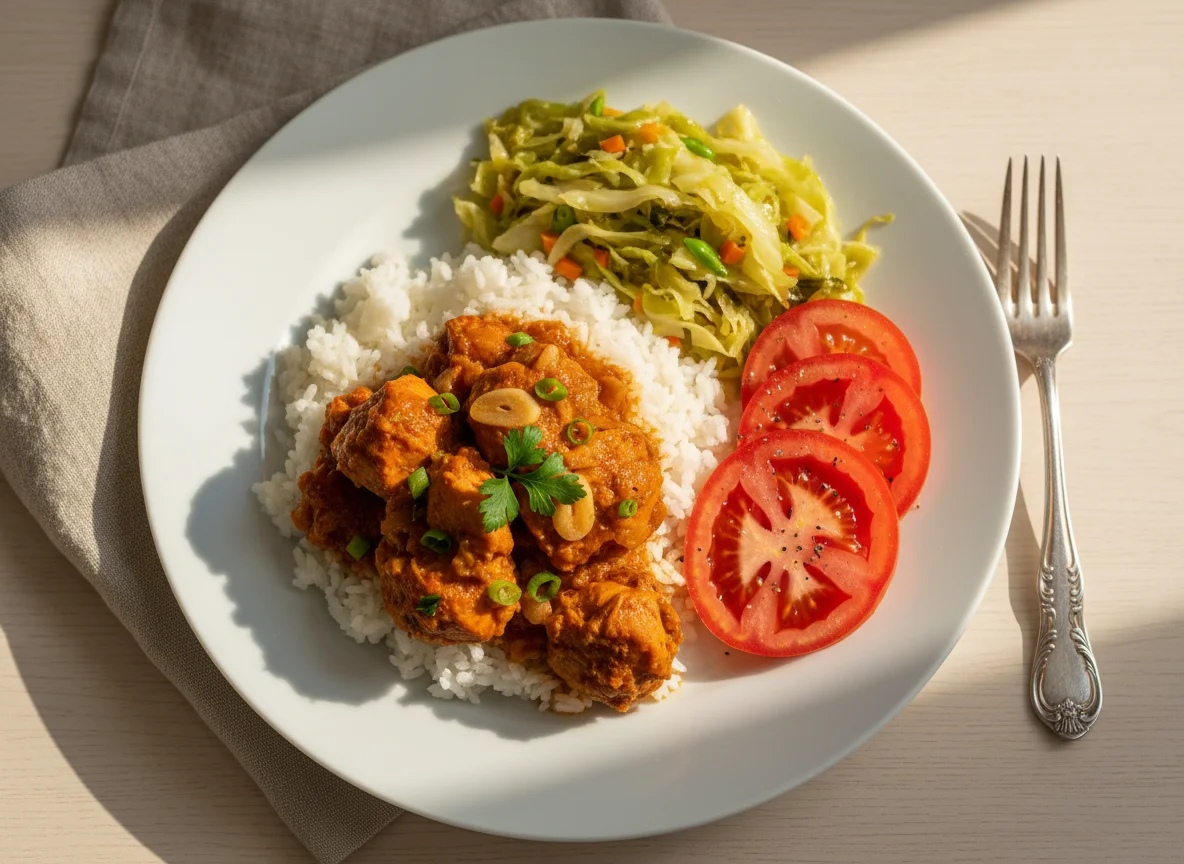 Frango ensopado com arroz, repolho e tomate photo