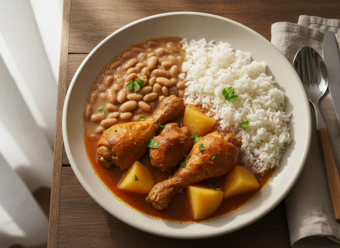 Frango ensopado com batata, feijão e arroz photo