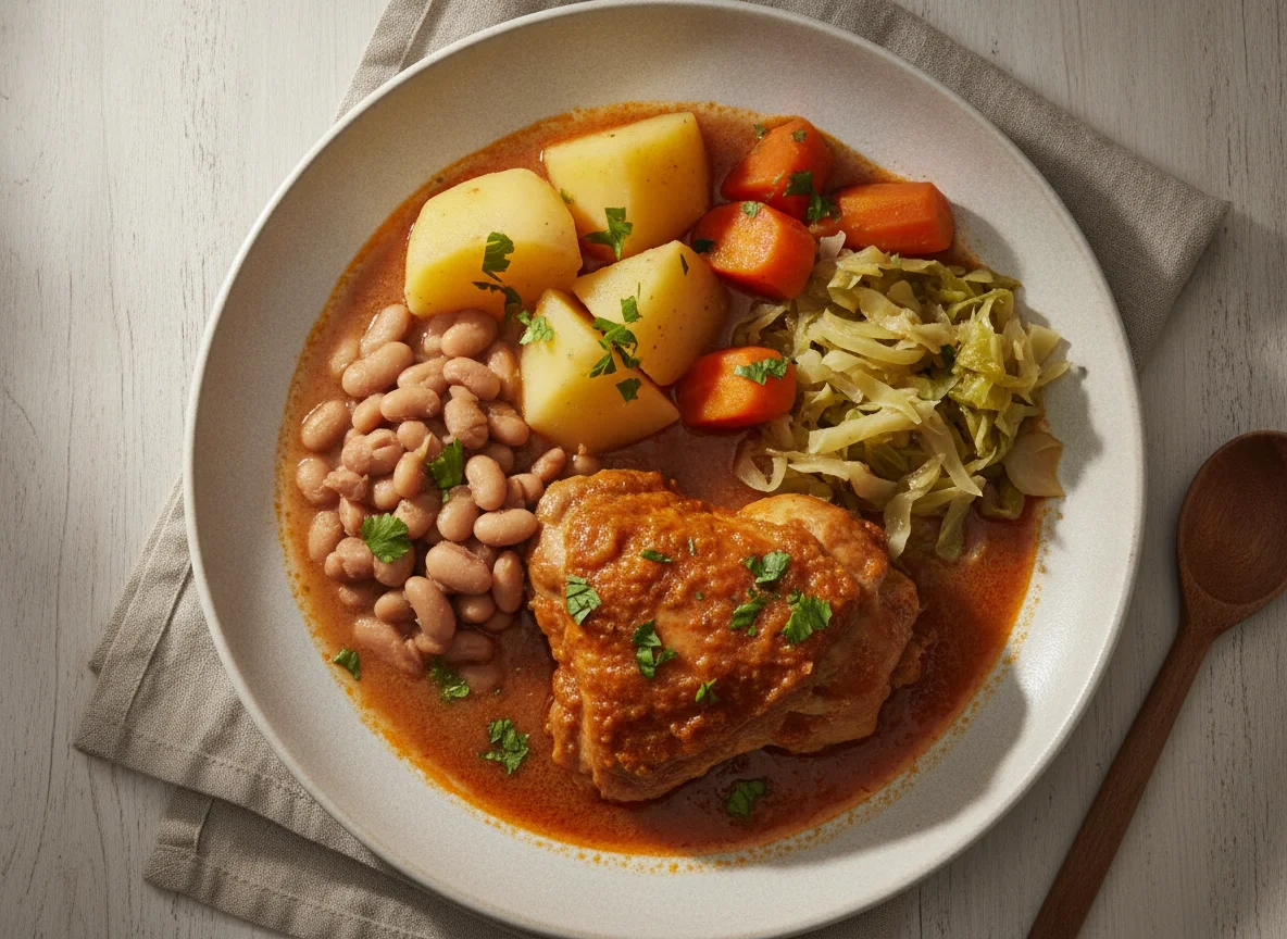 Frango ensopado com batata, feijão e legumes photo