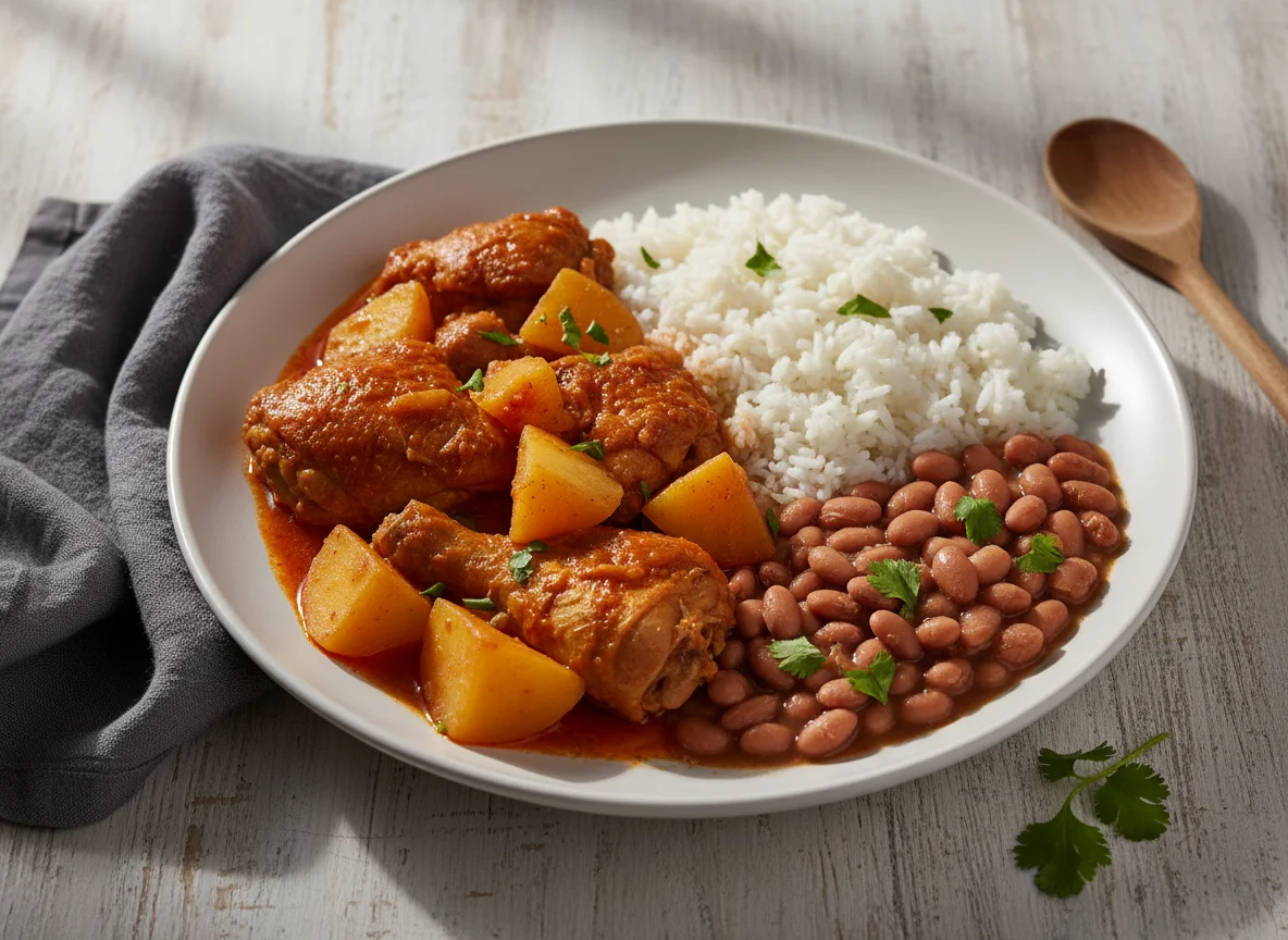 Frango ensopado com batatas, arroz e feijão photo
