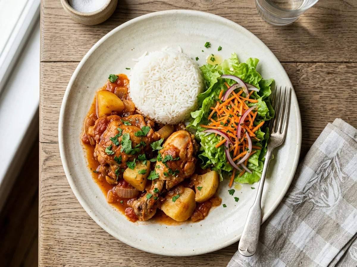 Frango ensopado com batatas, arroz e salada photo