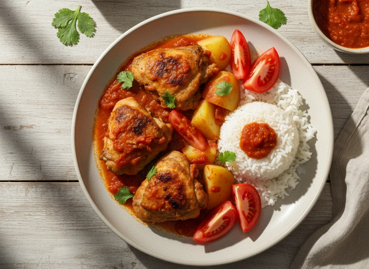 Frango ensopado com batatas, arroz e tomate photo