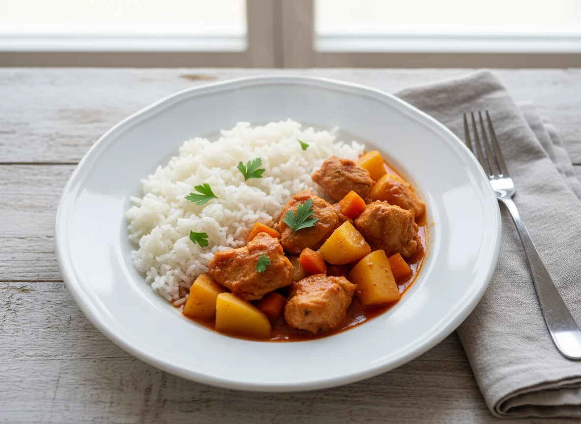 Frango ensopado com batatas e arroz branco photo