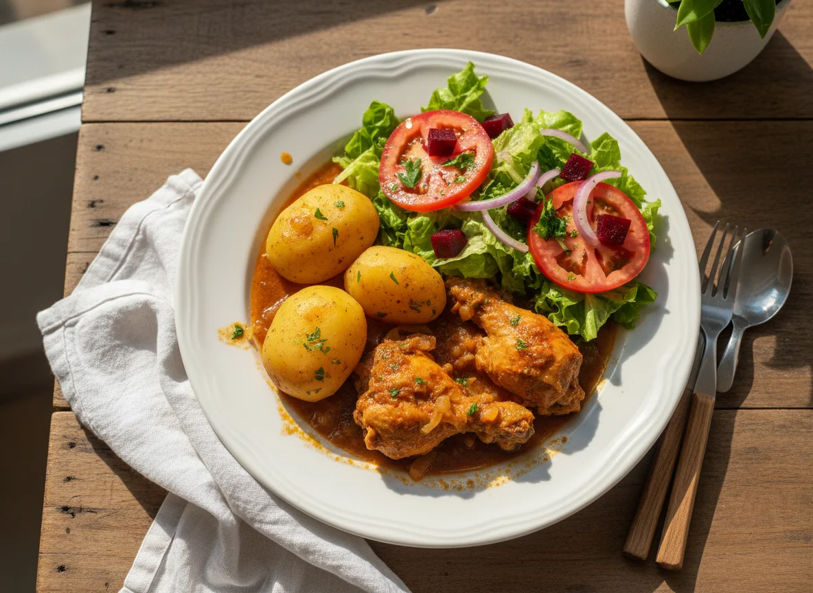 Frango ensopado com batatas e salada mista photo