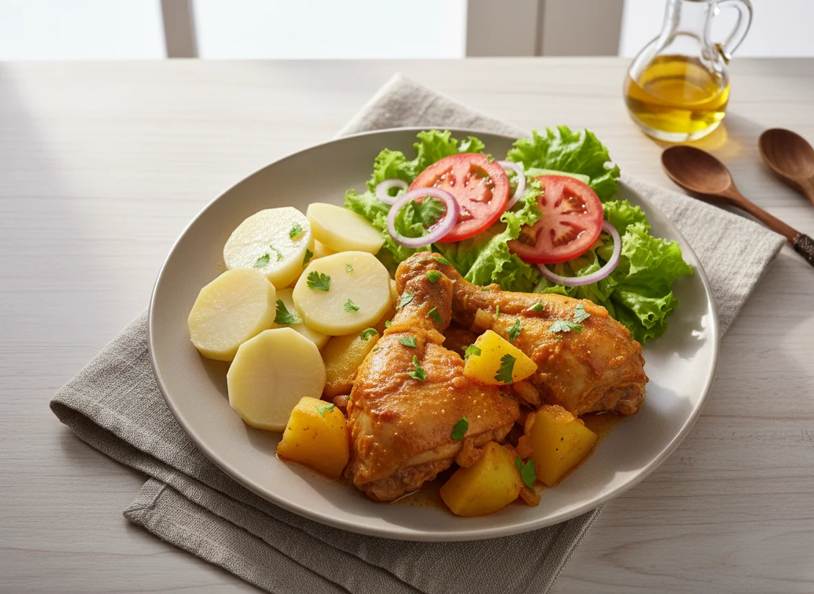 Frango ensopado com batatas e salada photo