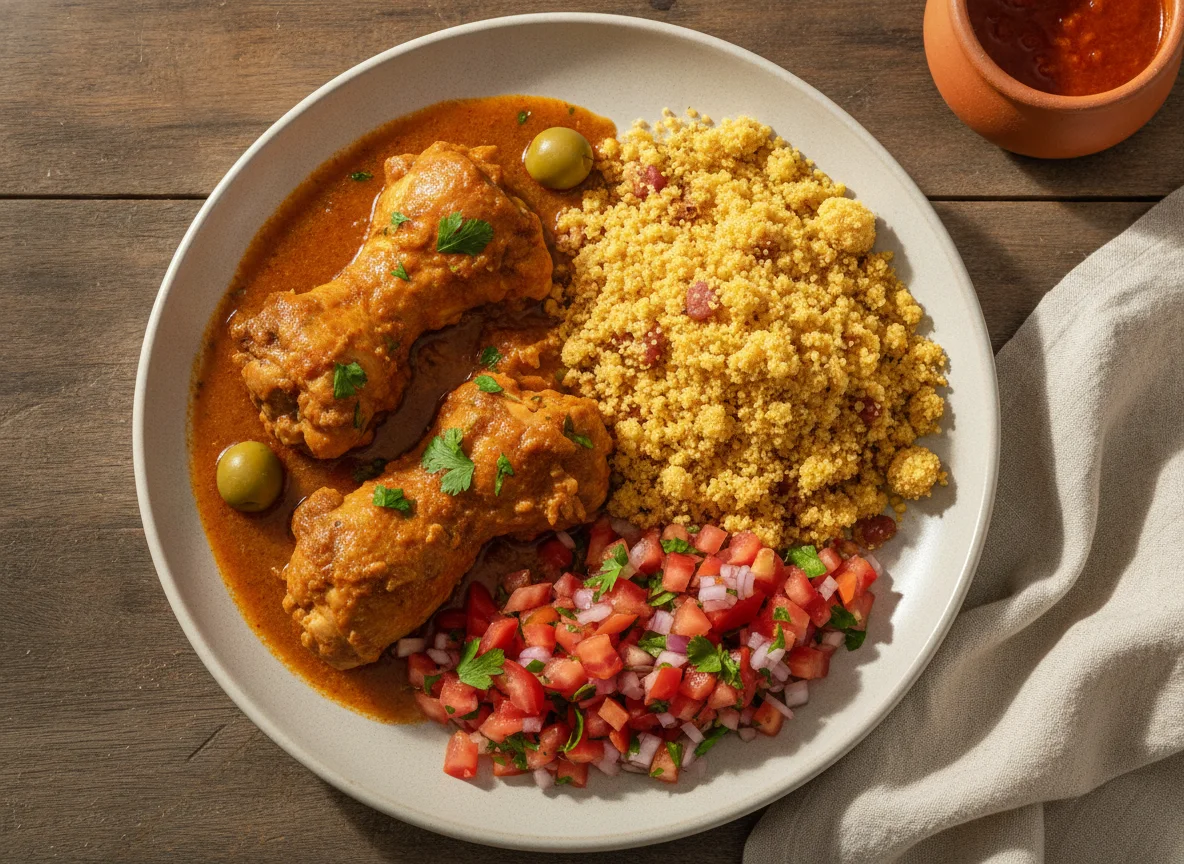 Frango ensopado com farofa e vinagrete photo
