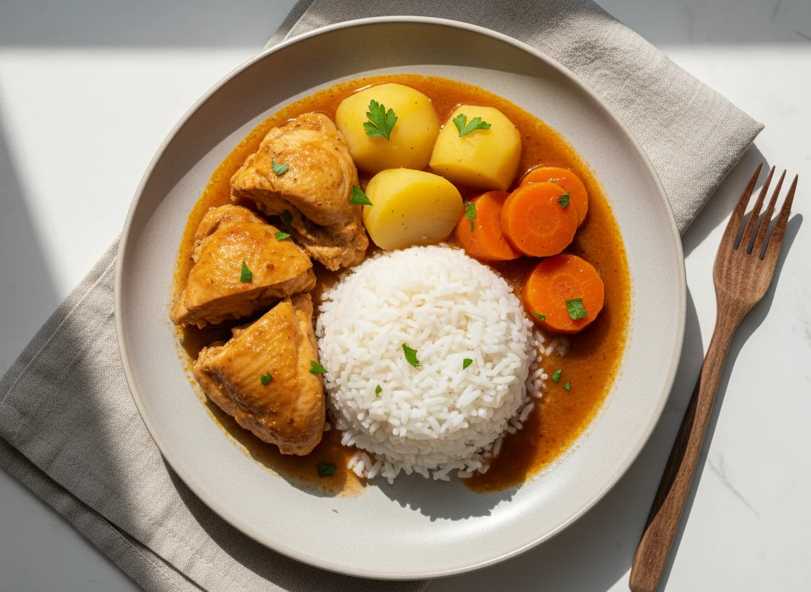 Frango ensopado com legumes e arroz photo
