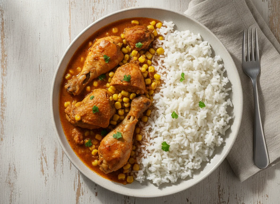 Frango ensopado com milho e arroz branco photo