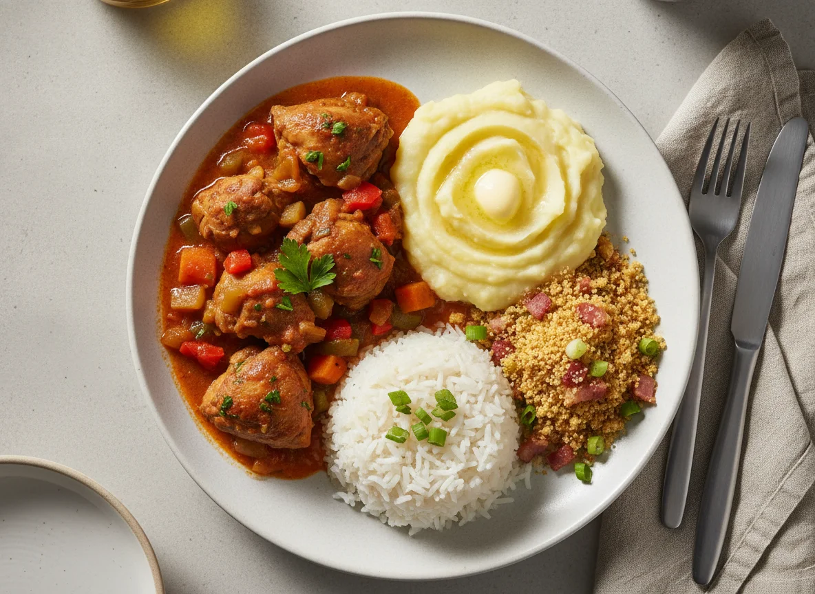 Frango ensopado com purê de batata, arroz e farofa photo